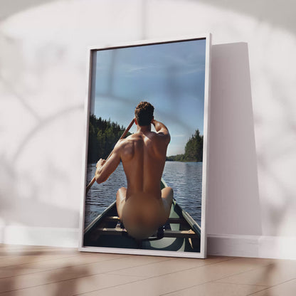 Male Nude Photo, Muscular and Handsome Athletic Man Fully Naked, Sitting Down in Canoe Outside, Round Butt in Classic Gay Erotic Print