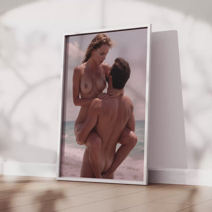 Nude Photo of Sexy Couple Outside, Topless Beautiful Woman at the Beach Hugging Handsome Muscular Partner With Nice Butt, Couple in Love Art