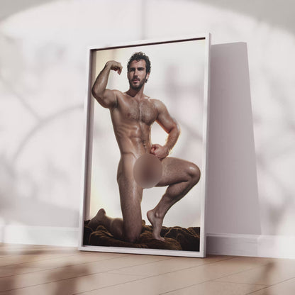 Handsome Nude Man with Big Penis, Vintage Muscular Nude Bodybuilder Vibe, Man Posing Showing Naked Physique in Big Dick Pic, Gay Art & Decor