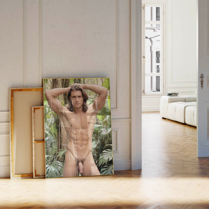 Naked Tarzan Penis Photo on Handsome Naked Man, Fully Nude Showing Big Dick in Jungle, Fantasy Porn Photo with Full Frontal Nudity & Huge Penis