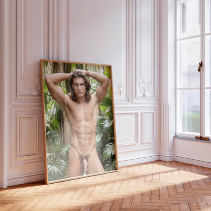 Naked Tarzan Penis Photo on Handsome Naked Man, Fully Nude Showing Big Dick in Jungle, Fantasy Porn Photo with Full Frontal Nudity & Huge Penis