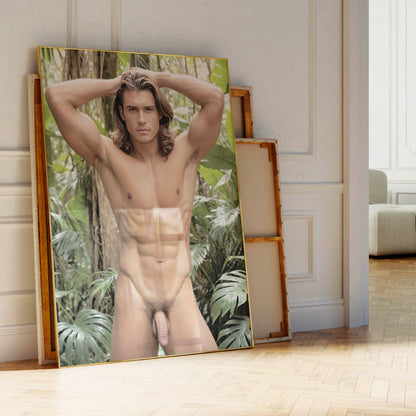 Naked Tarzan Penis Photo on Handsome Naked Man, Fully Nude Showing Big Dick in Jungle, Fantasy Porn Photo with Full Frontal Nudity & Huge Penis