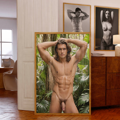 Naked Tarzan Penis Photo on Handsome Naked Man, Fully Nude Showing Big Dick in Jungle, Fantasy Porn Photo with Full Frontal Nudity & Huge Penis