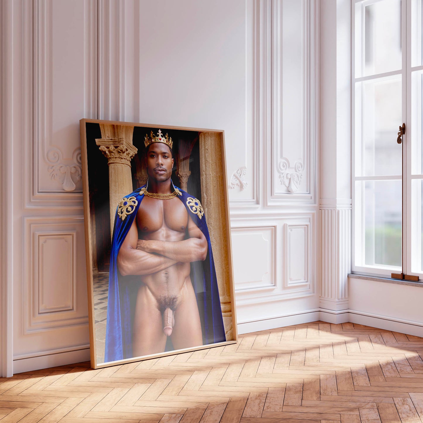 Handsome Nude Photo, Big Dick Pic, Muscular Black Man as Prince Charming, Huge Cock, Fantasy Bodybuilder Physique, Showing Large Penis