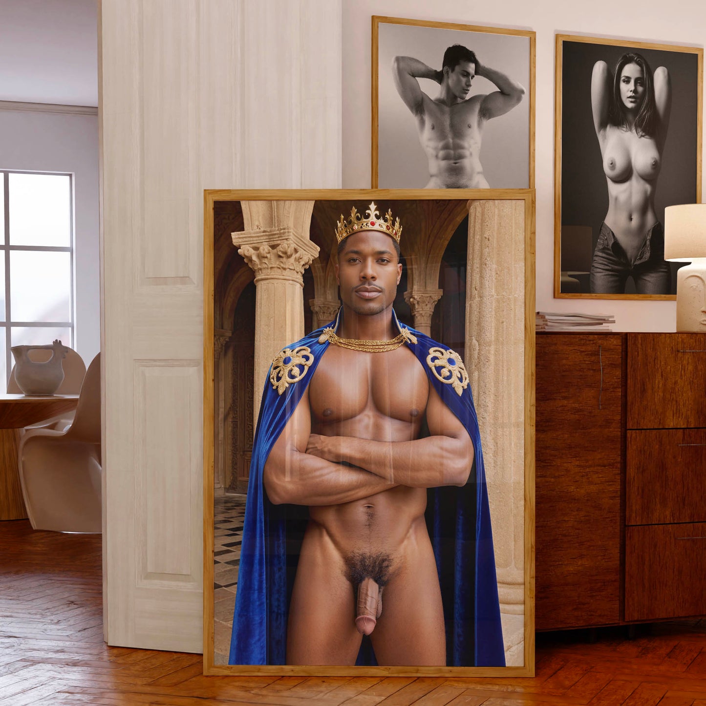 Handsome Nude Photo, Big Dick Pic, Muscular Black Man as Prince Charming, Huge Cock, Fantasy Bodybuilder Physique, Showing Large Penis