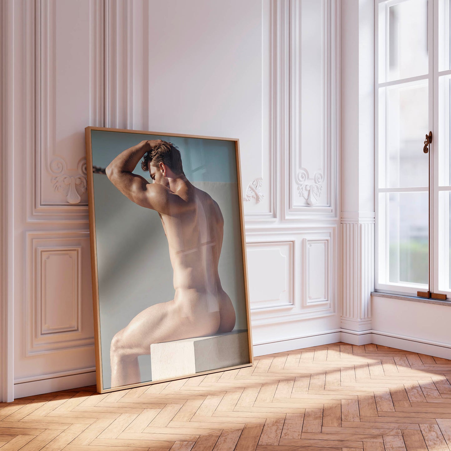 Male Nude Butt Photo, Muscular and Handsome Athletic Man Fully Naked, Sitting on Plinth, Round Butt in Classic, Tasteful Gay Erotic Print