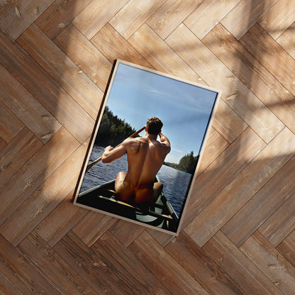 Male Nude Photo, Muscular and Handsome Athletic Man Fully Naked, Sitting Down in Canoe Outside, Round Butt in Classic Gay Erotic Print