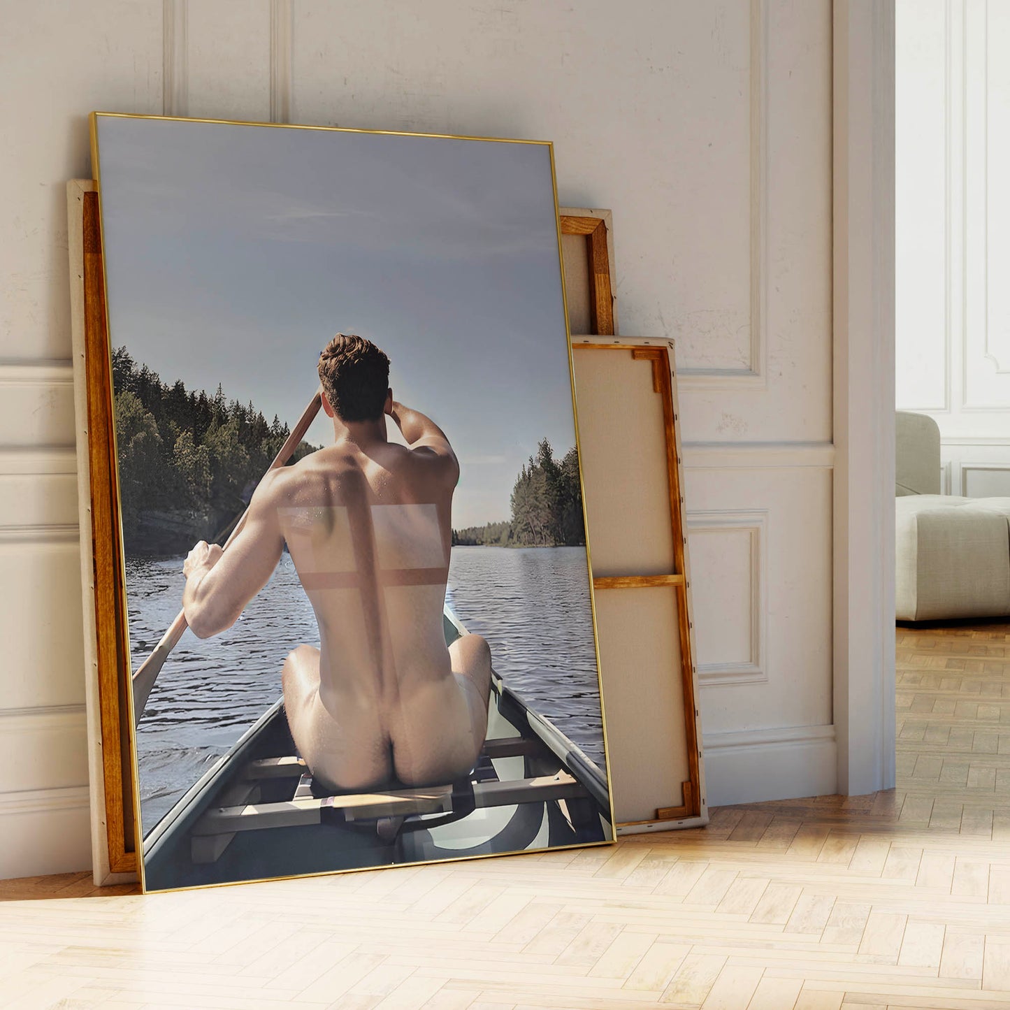 Male Nude Photo, Muscular and Handsome Athletic Man Fully Naked, Sitting Down in Canoe Outside, Round Butt in Classic Gay Erotic Print