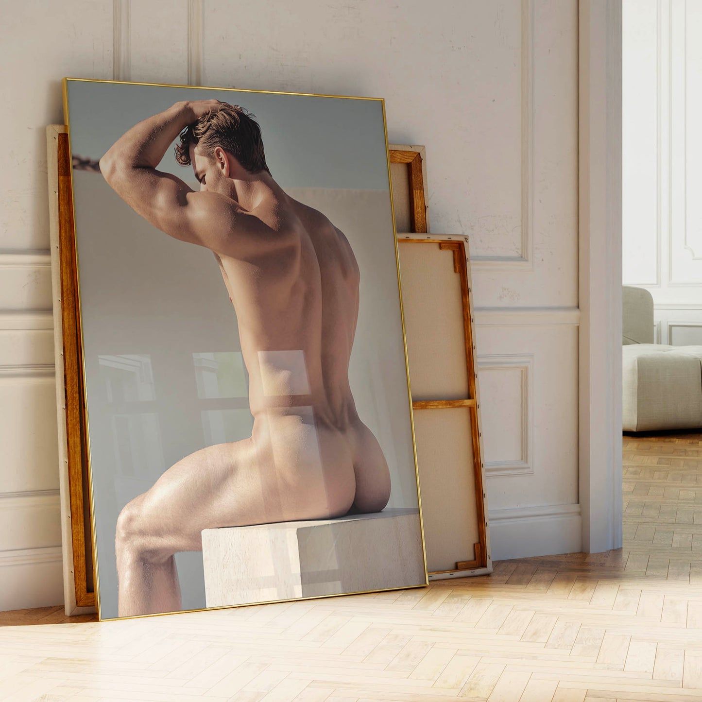 Male Nude Butt Photo, Muscular and Handsome Athletic Man Fully Naked, Sitting on Plinth, Round Butt in Classic, Tasteful Gay Erotic Print