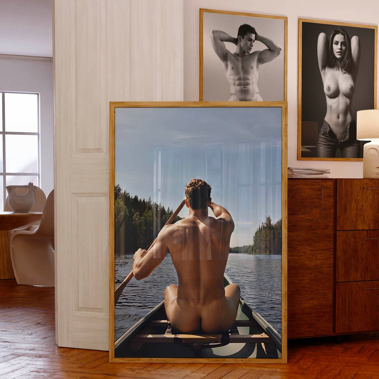 Male Nude Photo, Muscular and Handsome Athletic Man Fully Naked, Sitting Down in Canoe Outside, Round Butt in Classic Gay Erotic Print