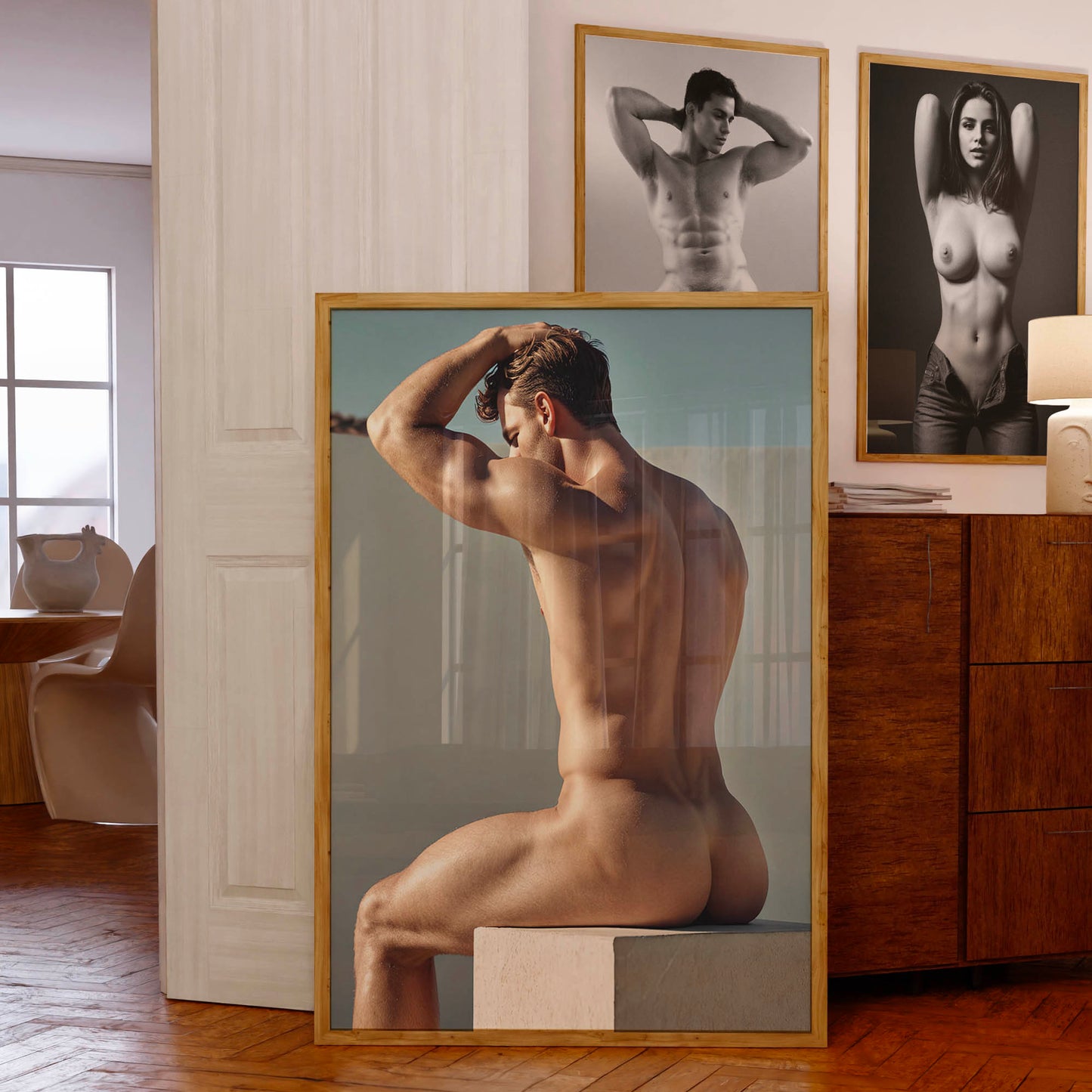 Male Nude Butt Photo, Muscular and Handsome Athletic Man Fully Naked, Sitting on Plinth, Round Butt in Classic, Tasteful Gay Erotic Print