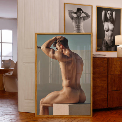 Male Nude Butt Photo, Muscular and Handsome Athletic Man Fully Naked, Sitting on Plinth, Round Butt in Classic, Tasteful Gay Erotic Print