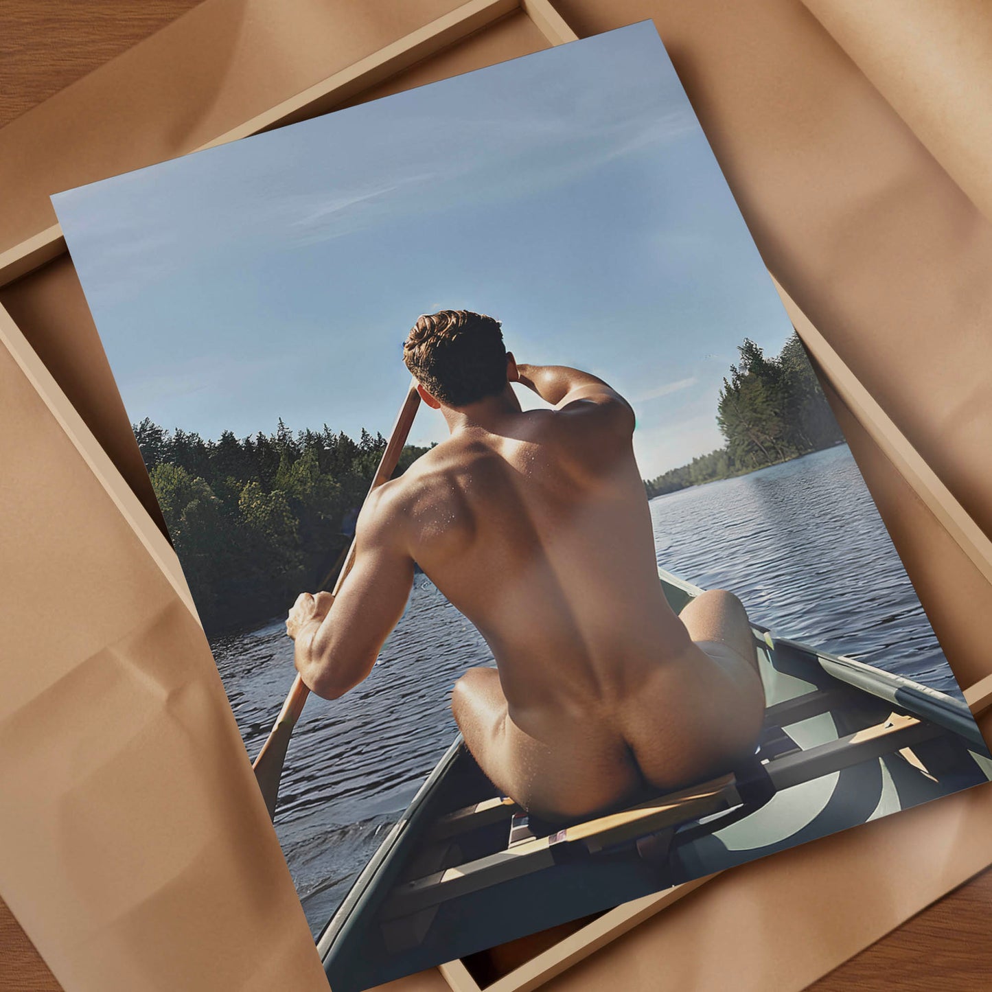 Male Nude Photo, Muscular and Handsome Athletic Man Fully Naked, Sitting Down in Canoe Outside, Round Butt in Classic Gay Erotic Print