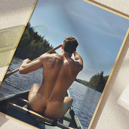 Male Nude Photo, Muscular and Handsome Athletic Man Fully Naked, Sitting Down in Canoe Outside, Round Butt in Classic Gay Erotic Print