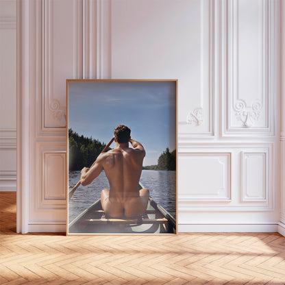 Male Nude Photo, Muscular and Handsome Athletic Man Fully Naked, Sitting Down in Canoe Outside, Round Butt in Classic Gay Erotic Print