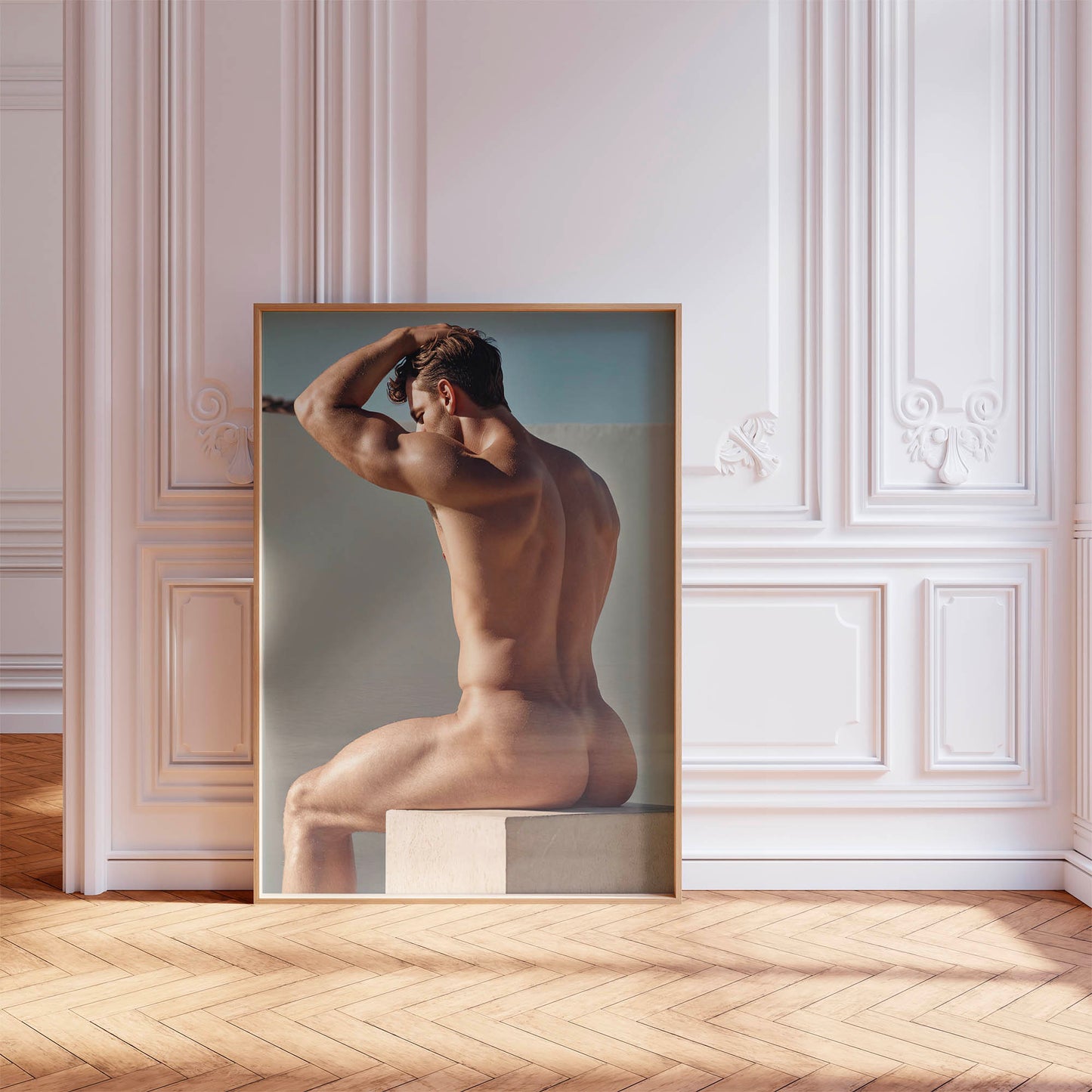 Male Nude Butt Photo, Muscular and Handsome Athletic Man Fully Naked, Sitting on Plinth, Round Butt in Classic, Tasteful Gay Erotic Print