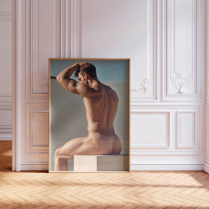 Male Nude Butt Photo, Muscular and Handsome Athletic Man Fully Naked, Sitting on Plinth, Round Butt in Classic, Tasteful Gay Erotic Print