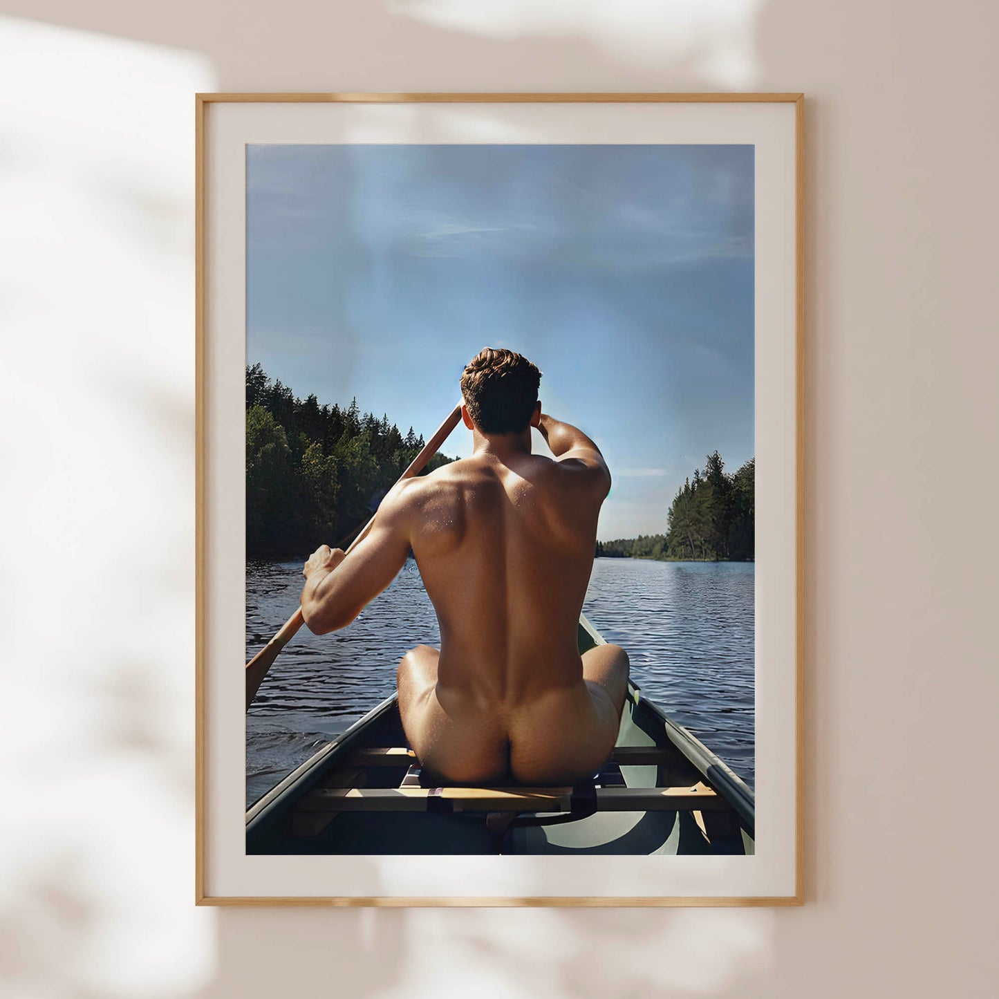 Male Nude Photo, Muscular and Handsome Athletic Man Fully Naked, Sitting Down in Canoe Outside, Round Butt in Classic Gay Erotic Print