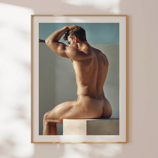 Male Nude Butt Photo, Muscular and Handsome Athletic Man Fully Naked, Sitting on Plinth, Round Butt in Classic, Tasteful Gay Erotic Print